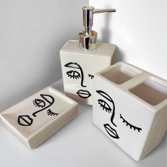 3-teiliges Badezimmer-Set in Weiß mit Gesichtsmotiv – Zahnputzbecher, Seifenspender und Seifenschale